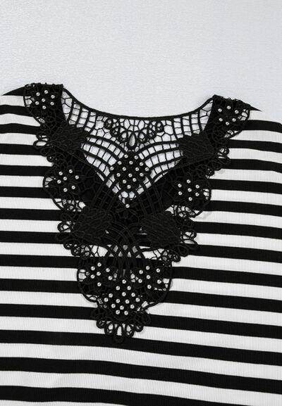 Striped Lace Detail V Neck Top for Stylish Comfort - Selvanelle