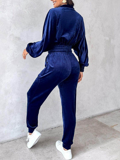 Zip Up Long Sleeve Cropped Top and Joggers Set for Women - Selvanelle