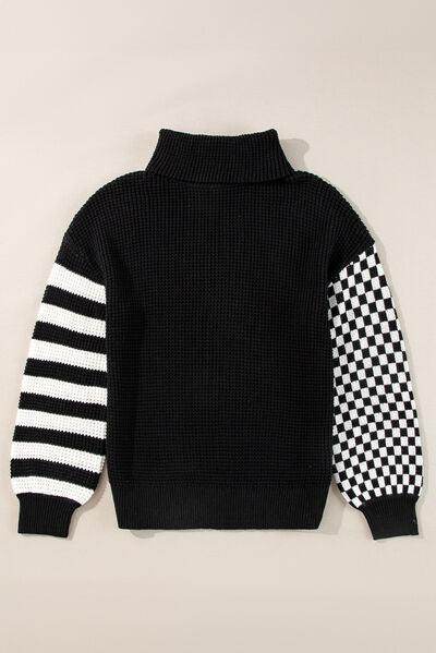 Striped & Checkered Turtleneck Dropped Shoulder Sweater - Selvanelle