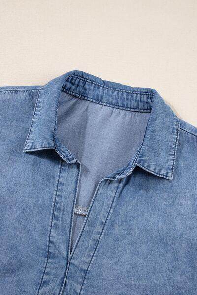 Raw Hem Collared Neck Short Sleeve Denim Dress for Women - Selvanelle