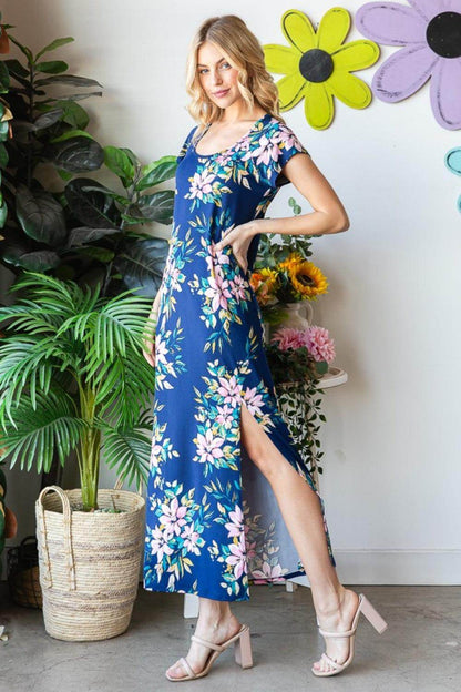 Heimish Full Size Floral Short Sleeve Slit Dress for Women - Selvanelle