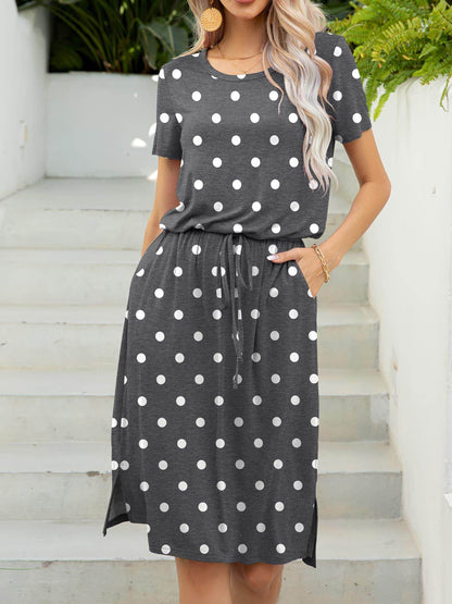 Round Neck Short Sleeve Slit Dress with Pockets for Women - Selvanelle