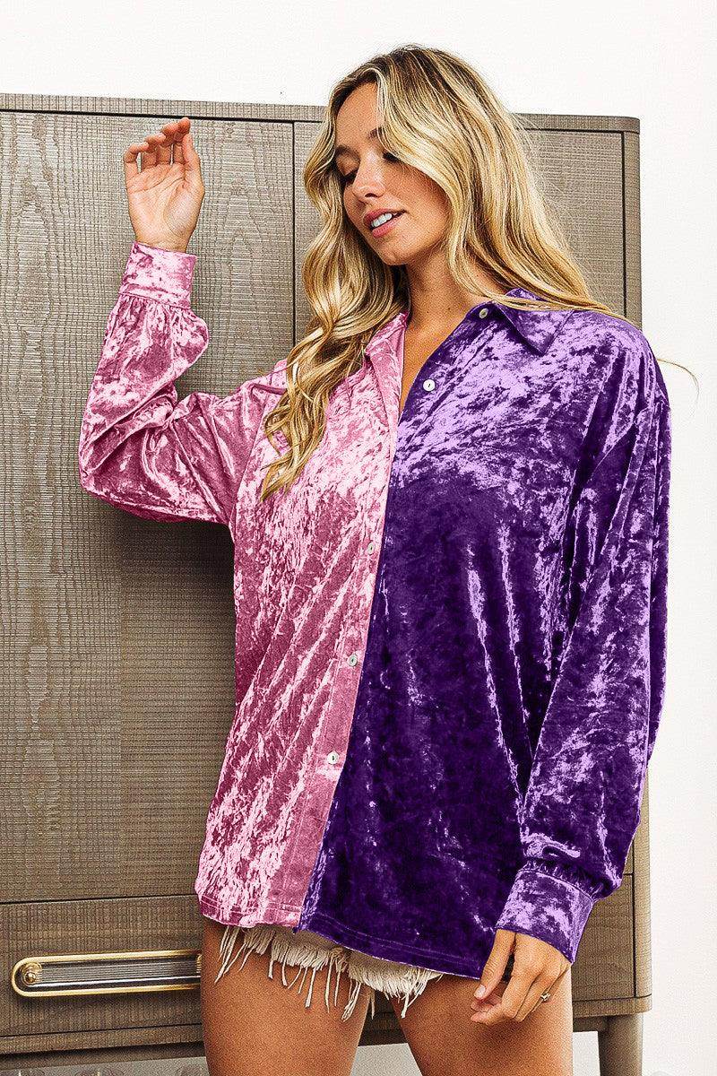 BiBi Contrast Button Up Long Sleeve Shirt for Women - Selvanelle