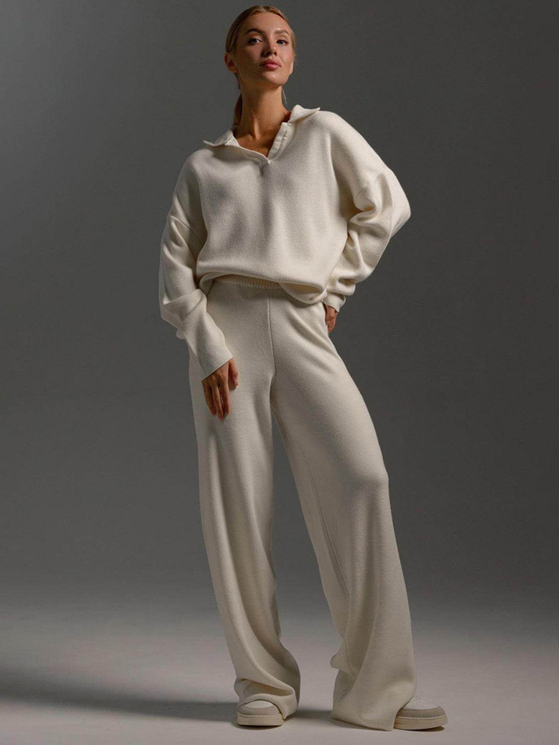 Johnny Collar Long Sleeve Top and Pants Sweater Set Women - Selvanelle