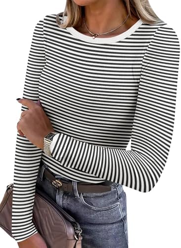 ANRABESS Women Long Sleeve Shirts Ribbed Fitted Tops