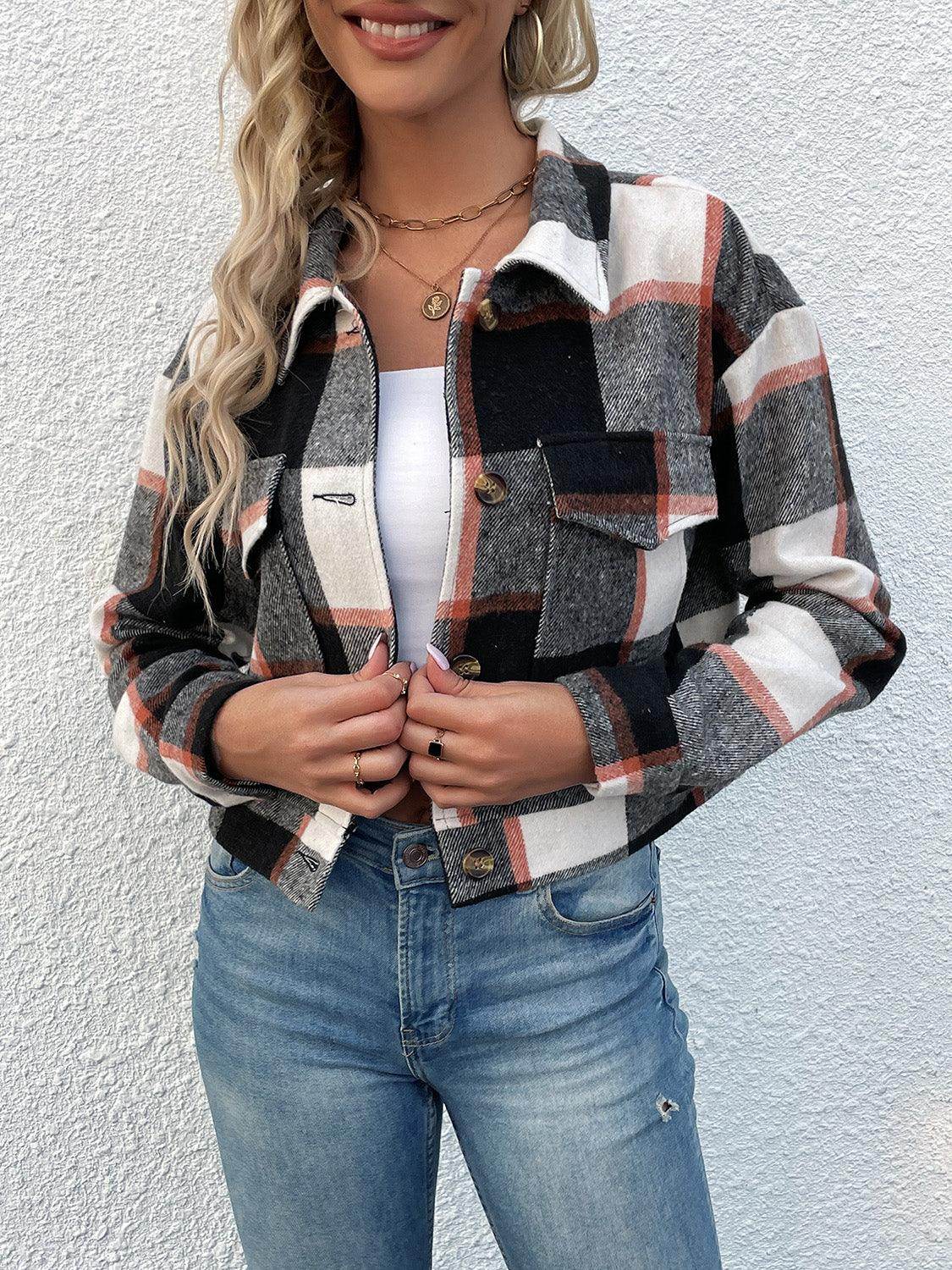 Perfee Plaid Button Up Drop Shoulder Cropped Jacket for Women - Selvanelle