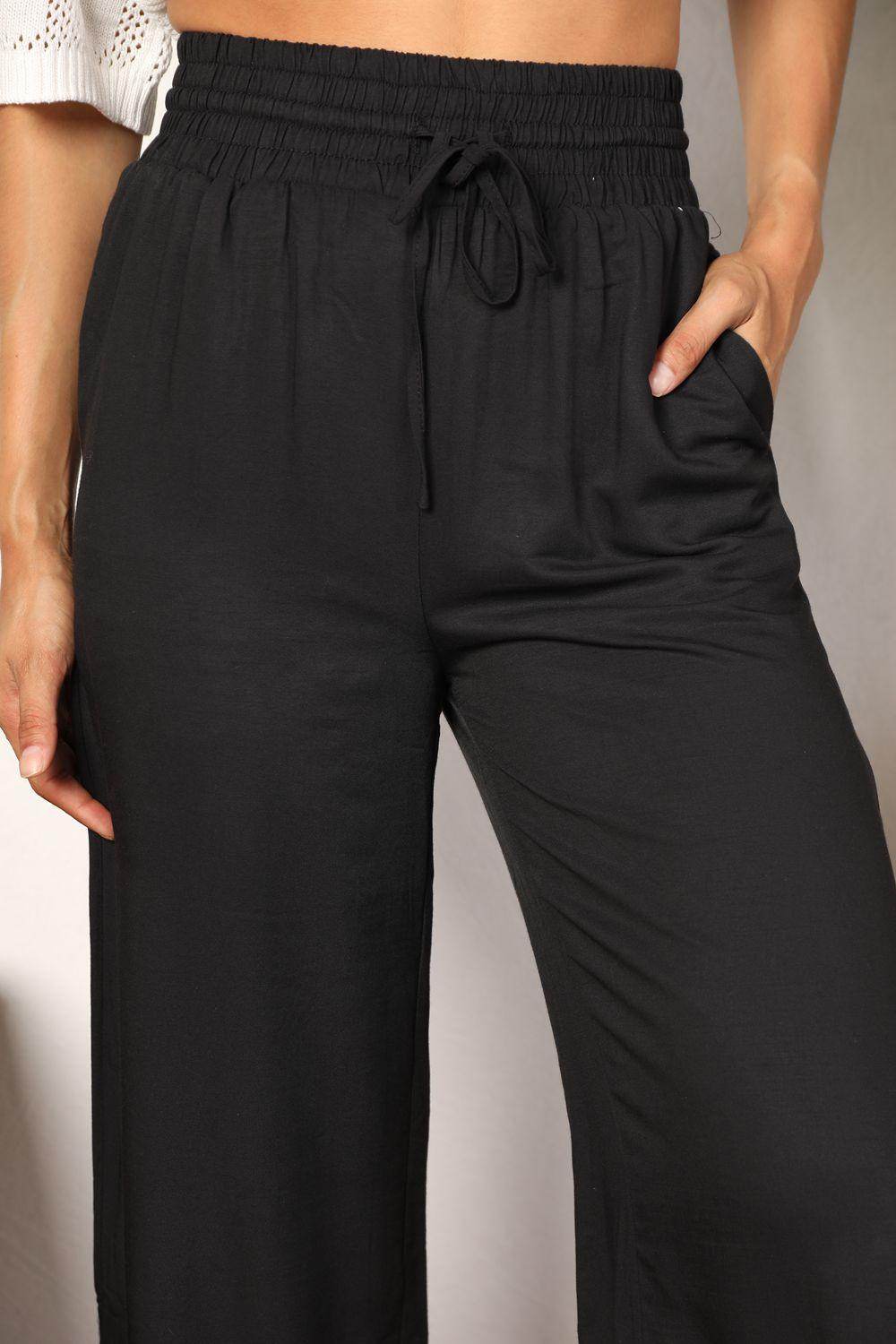Double Take Drawstring Smocked Waist Wide Leg Pants for Women - Selvanelle