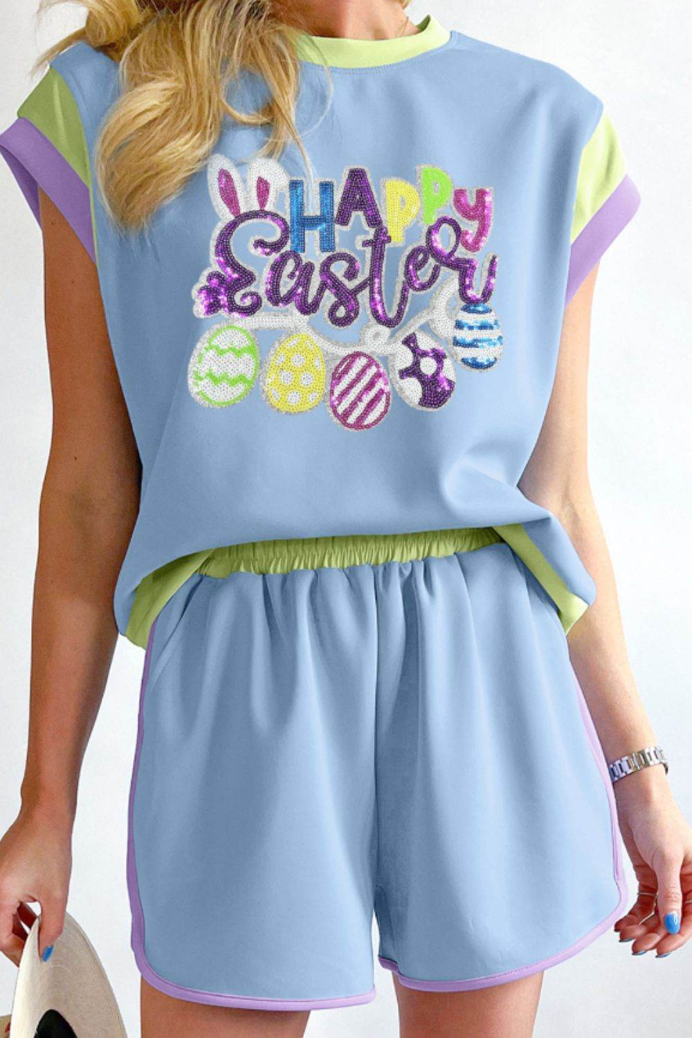HAPPY EASTER Sequin Round Neck Top and Short Set - Selvanelle