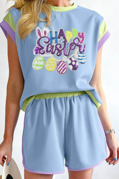 HAPPY EASTER Sequin Round Neck Top and Short Set - Selvanelle