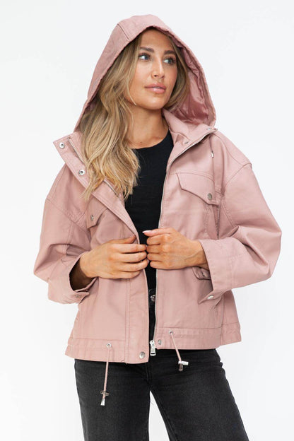 How Dare U Drawstring Hem PU Leather Zip Up Jacket for Women - Selvanelle