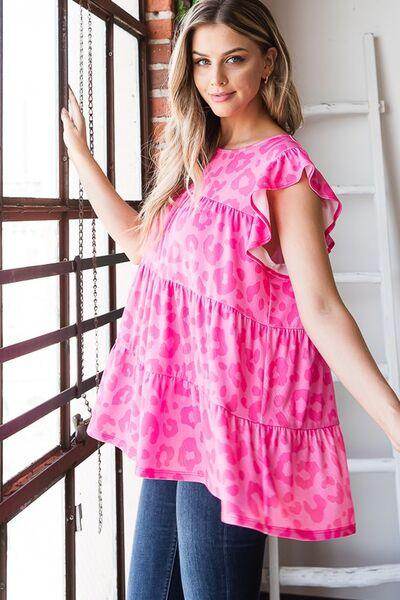 Heimish Full Size Tiered Leopard Round Neck Blouse Plus Size - Selvanelle