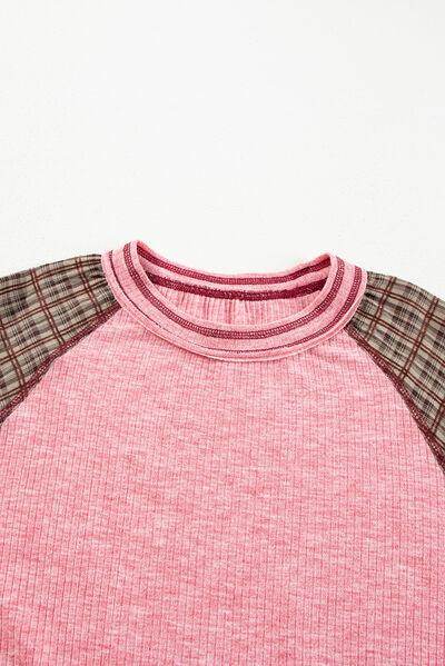 Plaid Floral Patchwork Round Neck Long Sleeve Top for Women - Selvanelle