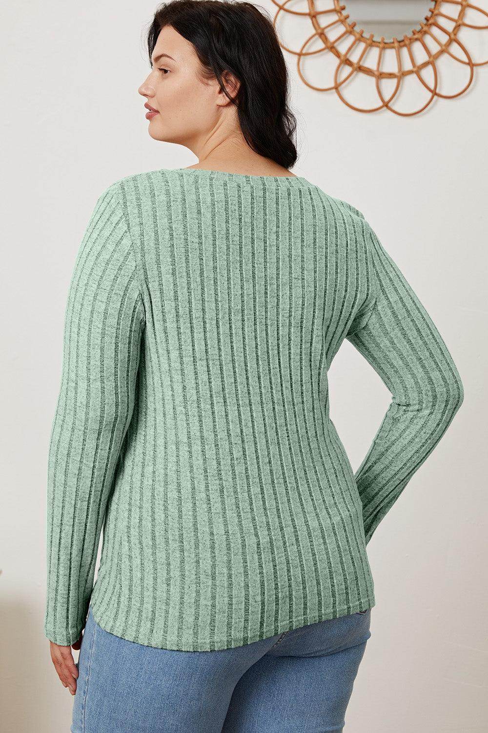 Basic Bae Full Size Ribbed V-Neck Long Sleeve T-Shirt - Selvanelle