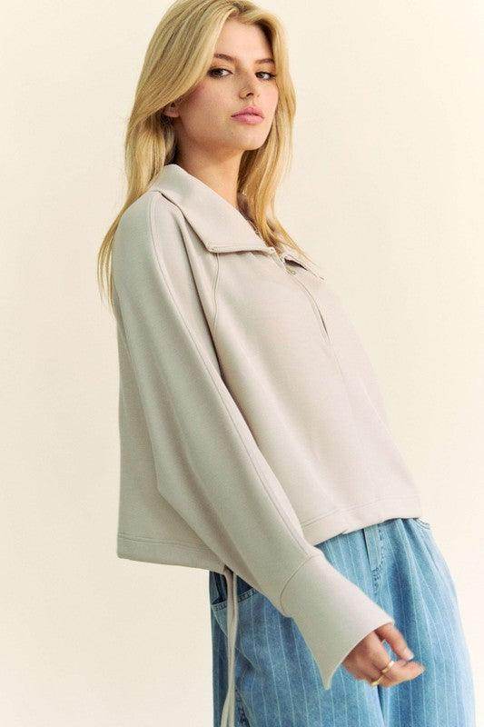 Davi & Dani Drawstring Hem Half Zip Raglan Sleeve Sweatshirt - Selvanelle