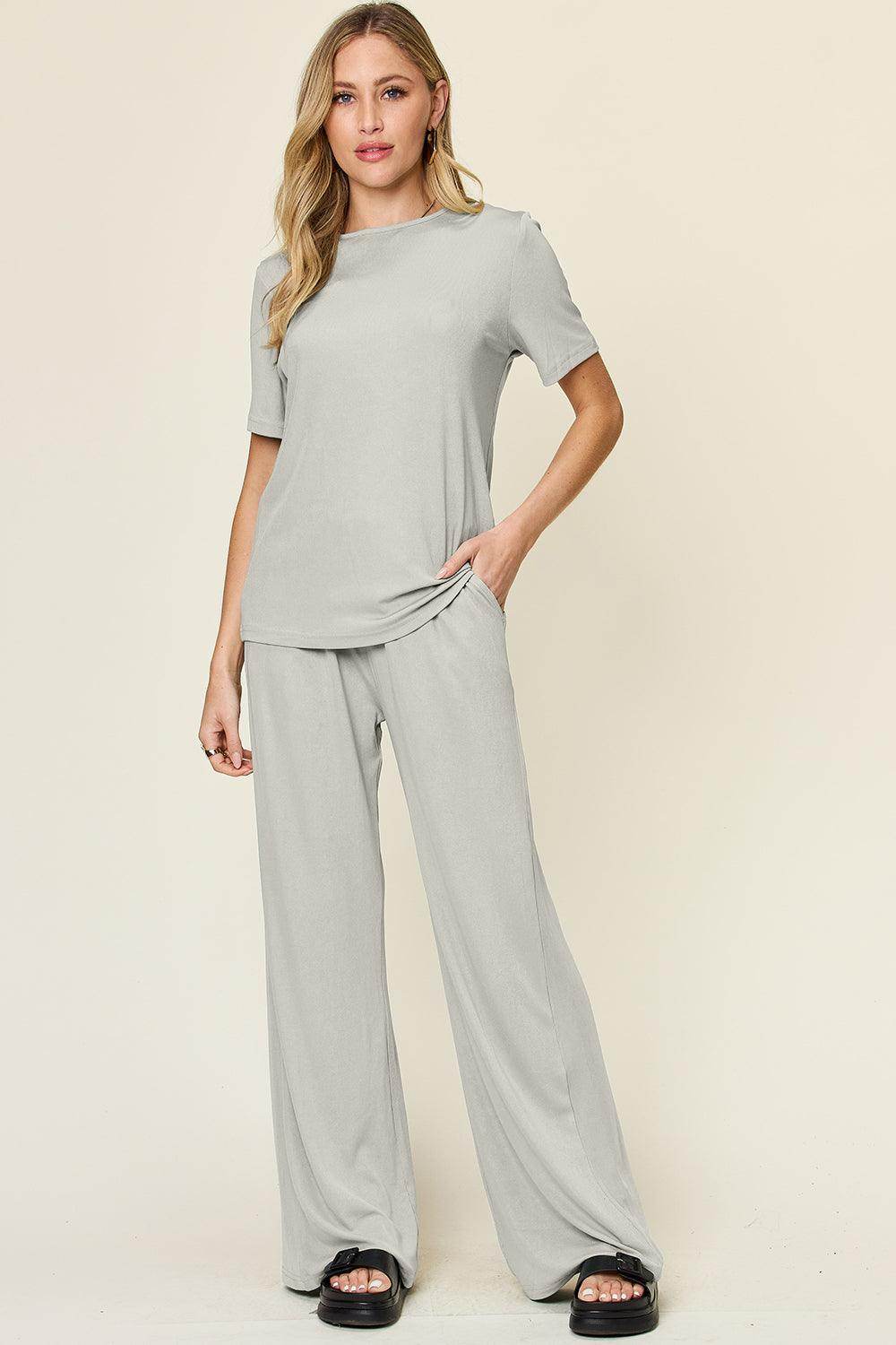 Double Take Full Size Round Neck Short Sleeve T-Shirt Set - Selvanelle