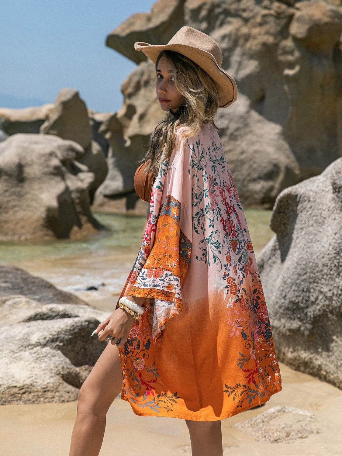 Printed Open Front Long Sleeve Cover-Up - Selvanelle
