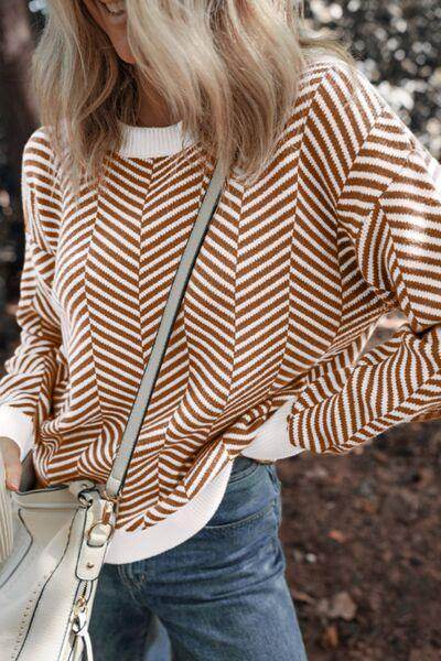 Striped Round Neck Long Sleeve Sweater for Women Fashion - Selvanelle