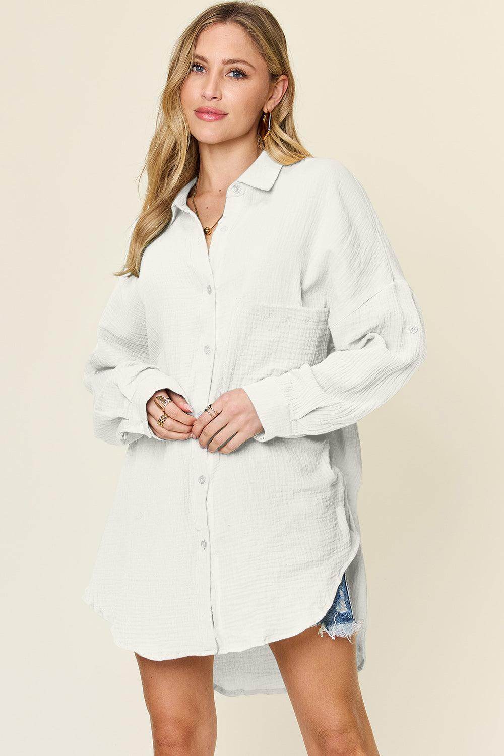 Double Take Full Size Pocketed Texture Button Up Shirt - Selvanelle