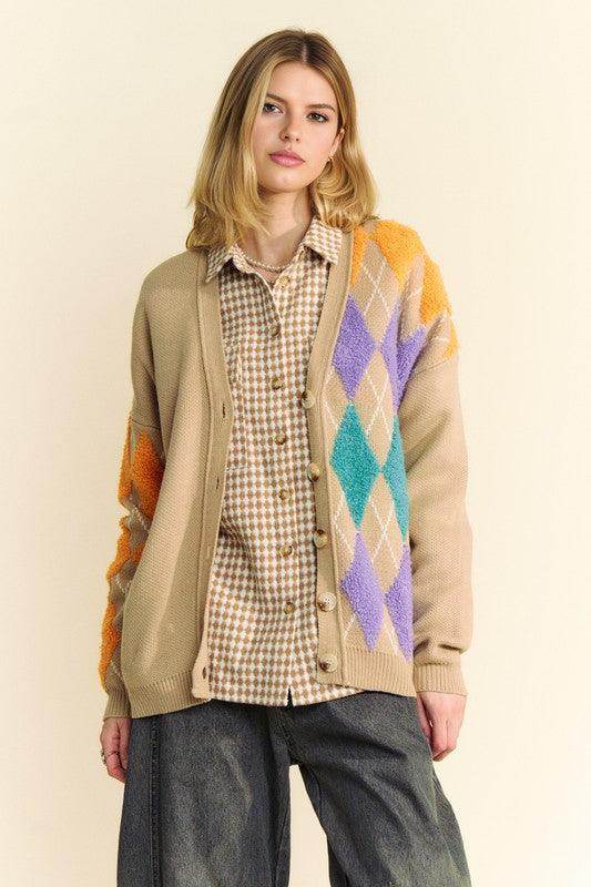Davi & Dani Argyle V-Neck Dropped Shoulder Cardigan Style - Selvanelle