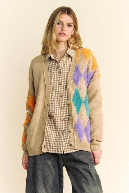 Davi & Dani Argyle V-Neck Dropped Shoulder Cardigan Style - Selvanelle