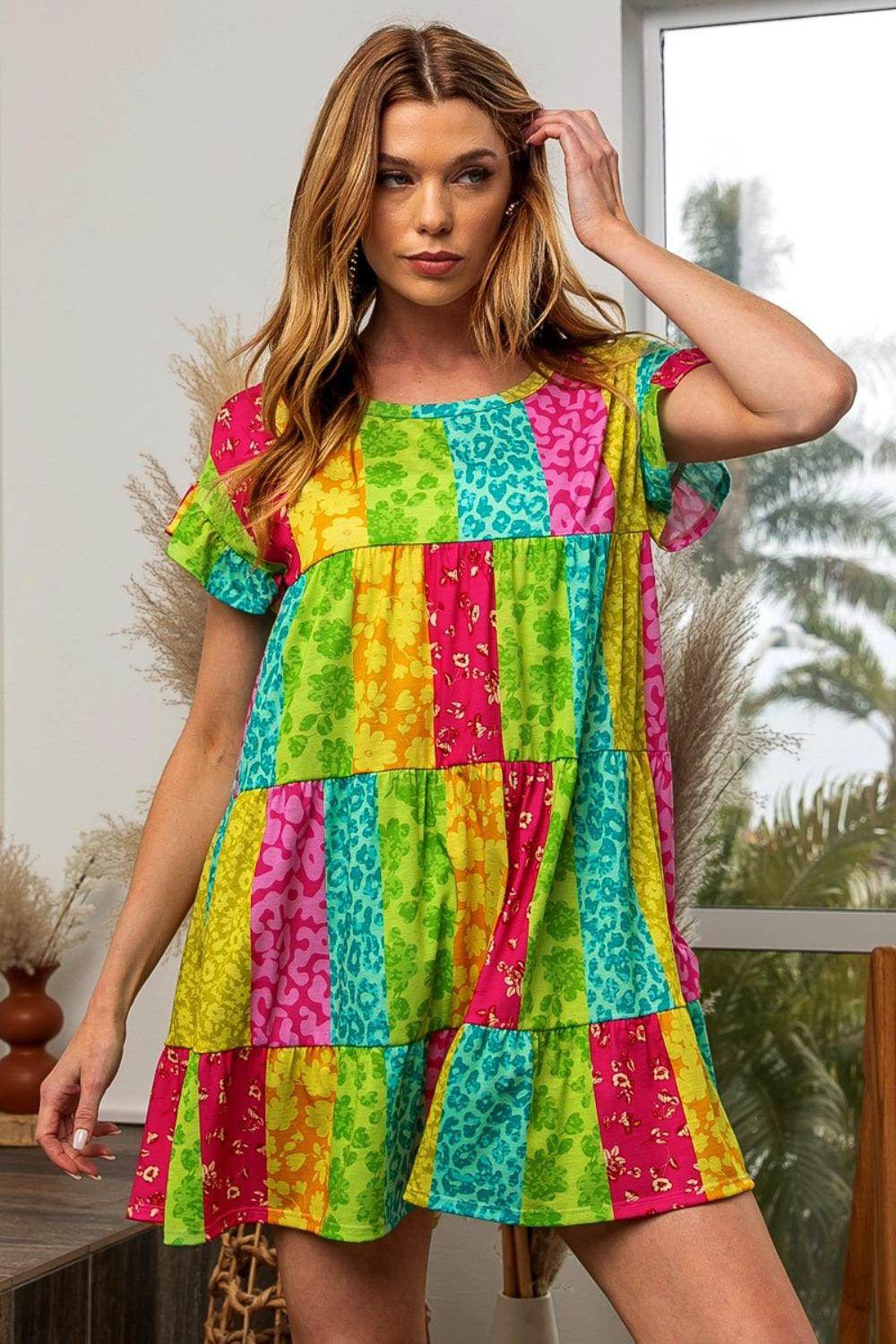 BiBi Leopard Short Sleeve Tiered Dress for Trendy Style - Selvanelle