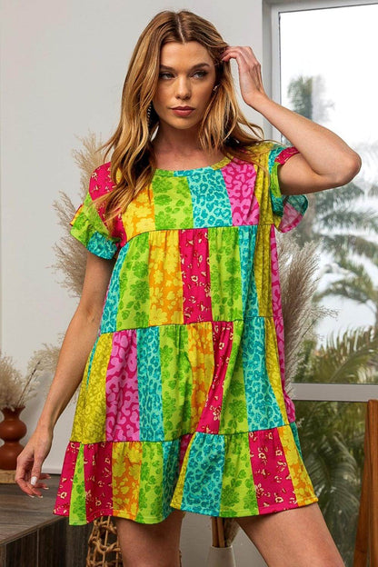 BiBi Leopard Short Sleeve Tiered Dress for Trendy Style - Selvanelle