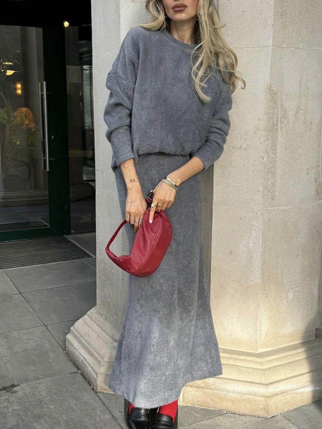 Round Neck Dropped Shoulder Top and Midi Skirt Sweater Set - Selvanelle