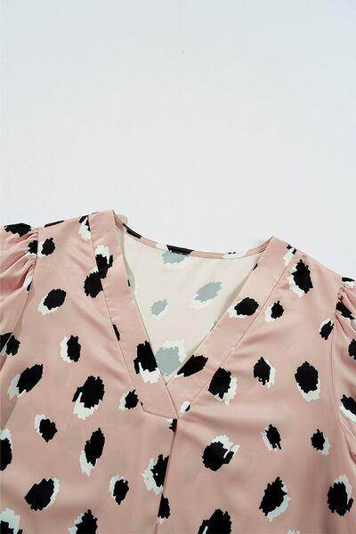 Contrast Animal Print V-Neck Long Sleeve Blouse for Women - Selvanelle