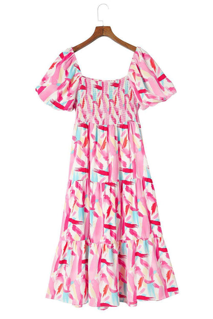 Chic Printed Square Neck Tied Smocked Dress for Women - Selvanelle
