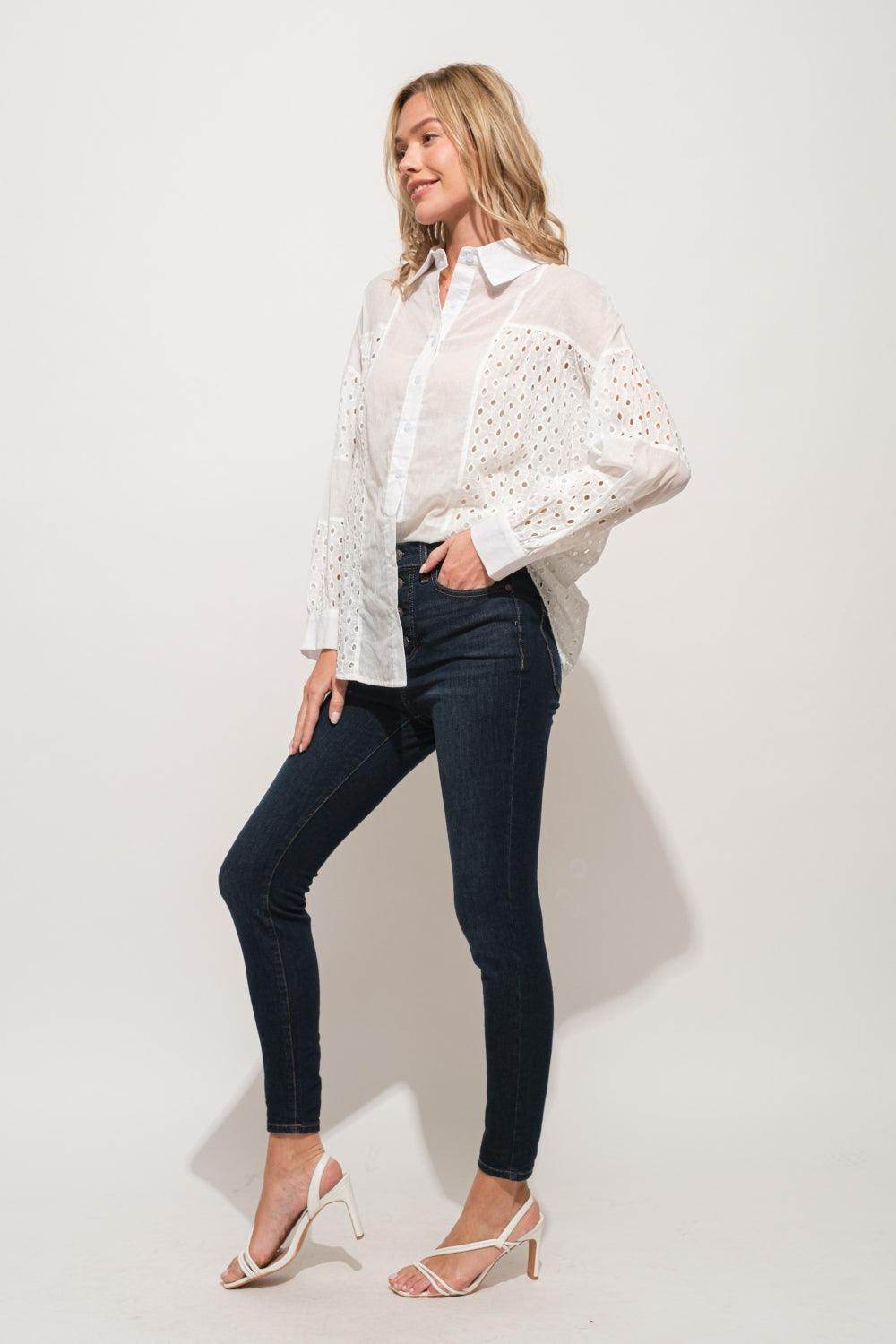 And The Why Eyelet Long Sleeve Button Down Shirt Chic - Selvanelle