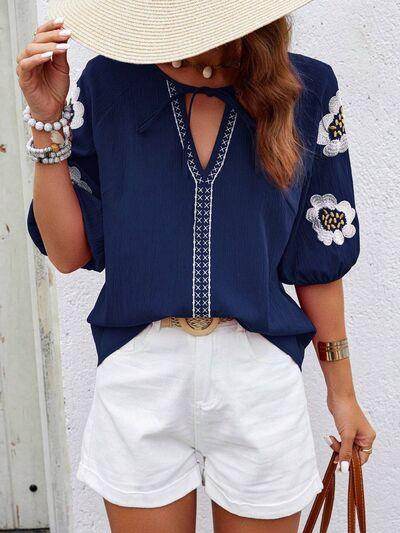 Embroidered Tie Neck Puff Sleeve Blouse for Women Stylish - Selvanelle