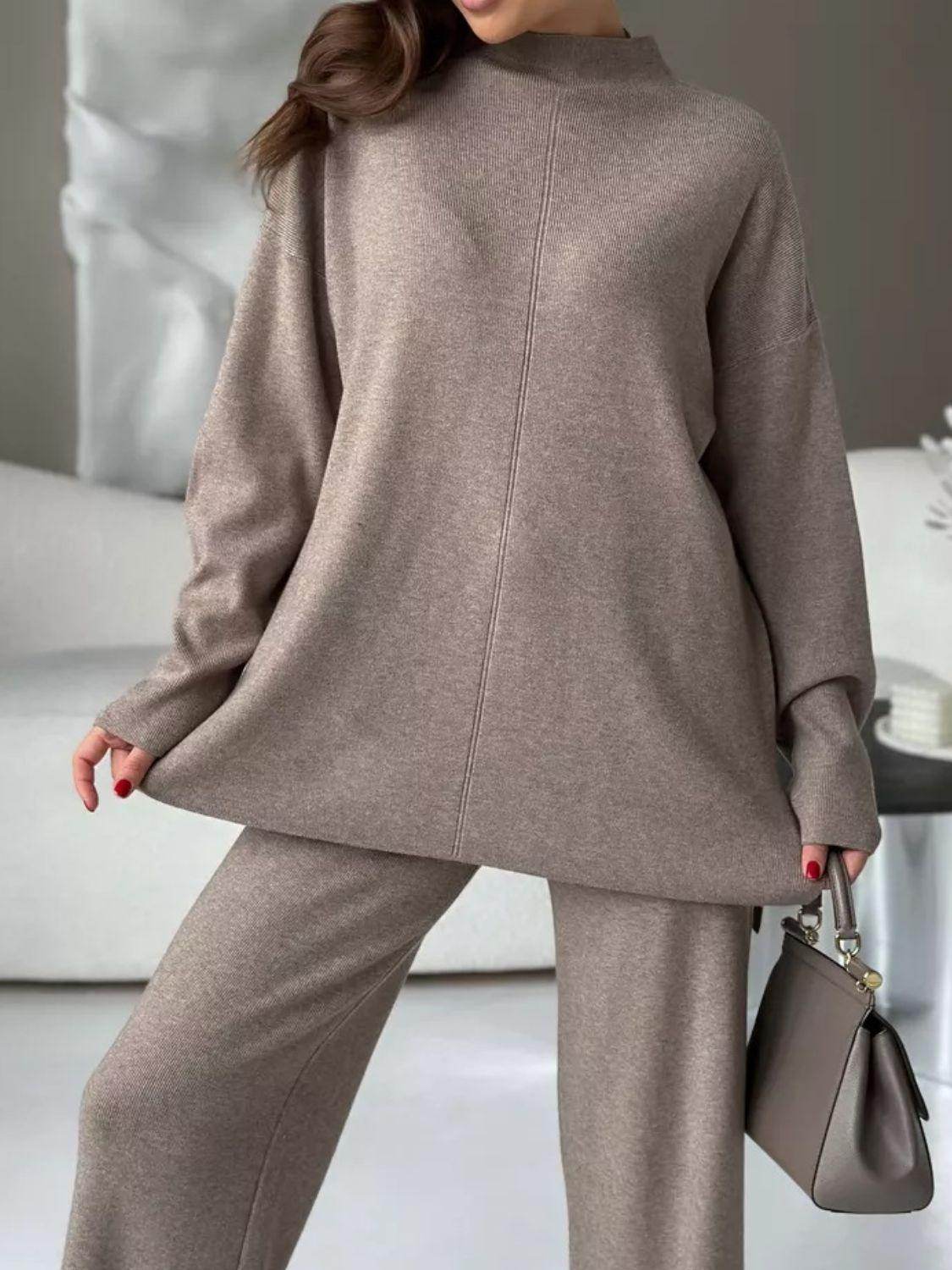 Slit Mock Neck Top and Pants Sweater Set for Women - Selvanelle