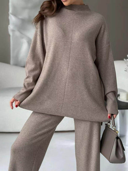 Slit Mock Neck Top and Pants Sweater Set for Women - Selvanelle