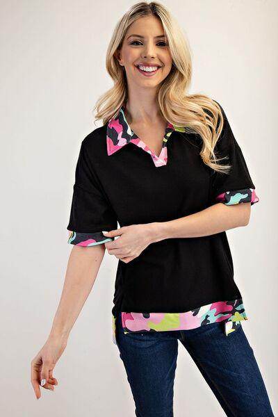 Celeste Full Size Camouflage Trim Waffle Side Slit Top - Selvanelle