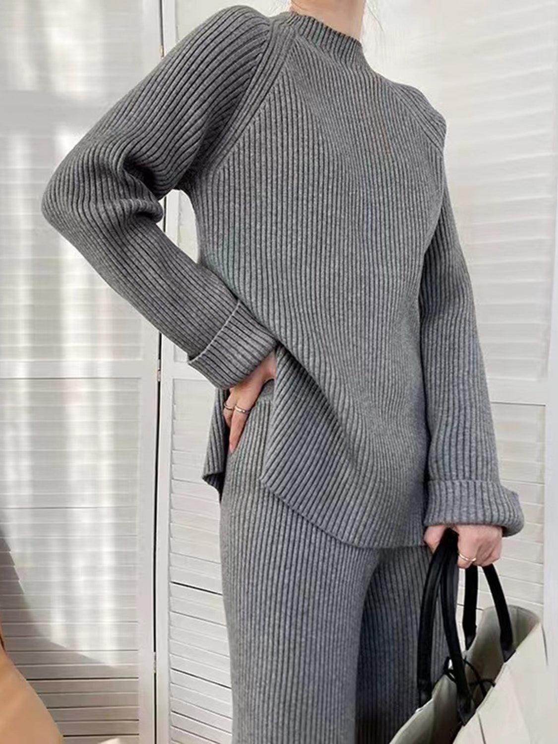 Mock Neck Raglan Sleeve Top and Pants Sweater Set for Women - Selvanelle