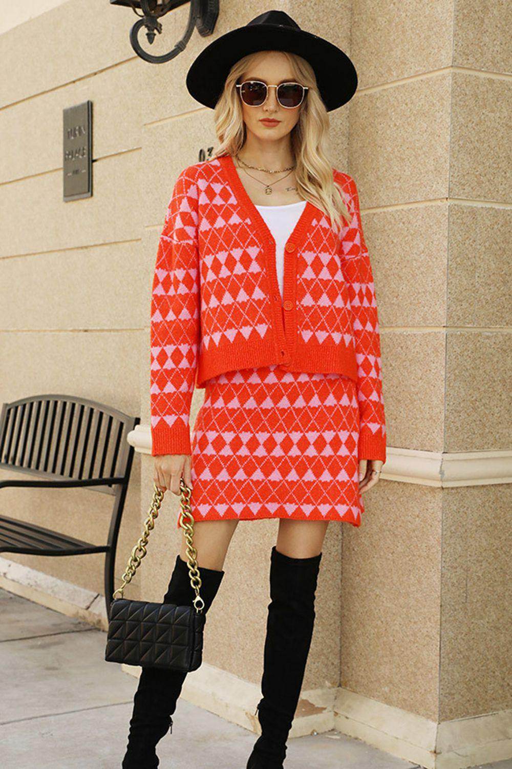 Geometric Dropped Shoulder Cardigan and Knit Skirt Set - Selvanelle