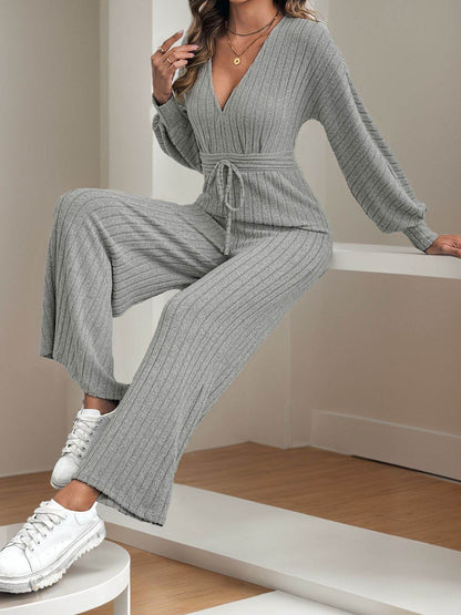 V-Neck Long Sleeve Wide Leg Jumpsuit - Selvanelle