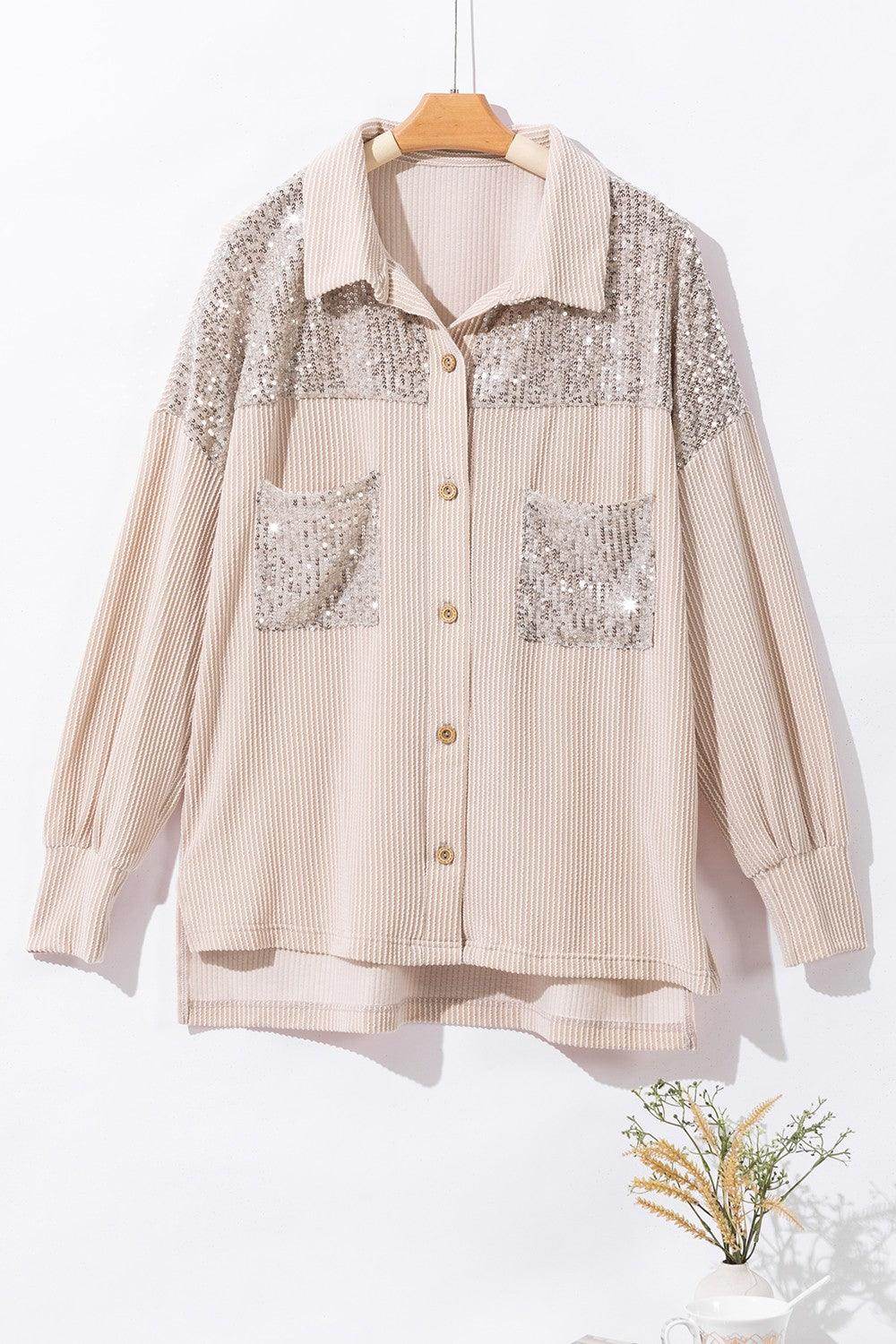 Sequin Button Up Dropped Shoulder Jacket for Women - Selvanelle