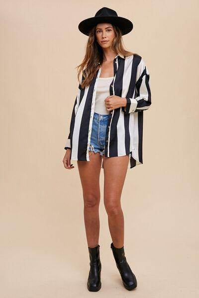 Annie Wear Striped Dropped Shoulder Button Up Shirt for Women - Selvanelle