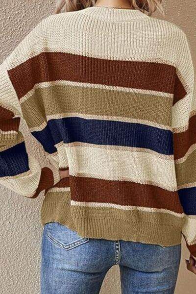 Contrast Striped Round Neck Long Sleeve Sweater for Women - Selvanelle