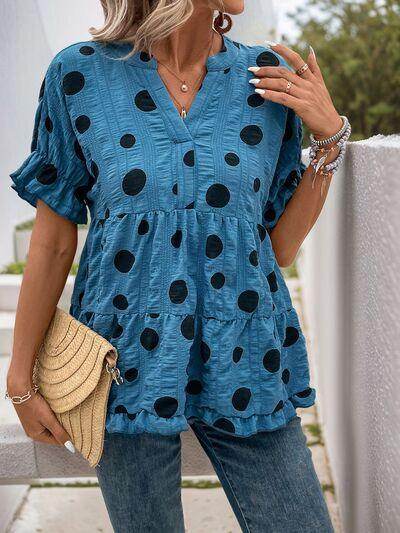 Perfee Polka Dot Notched Short Sleeve Shirt for Women - Selvanelle