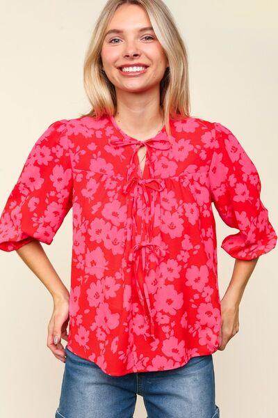 Haptics Full Size Ribbon Bow Floral Balloon Sleeve Blouse - Selvanelle