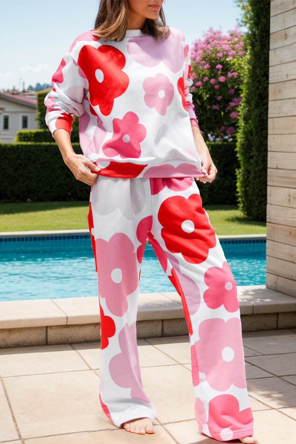 Flower Round Neck Long Sleeve Top and Pants Lounge Set - Selvanelle