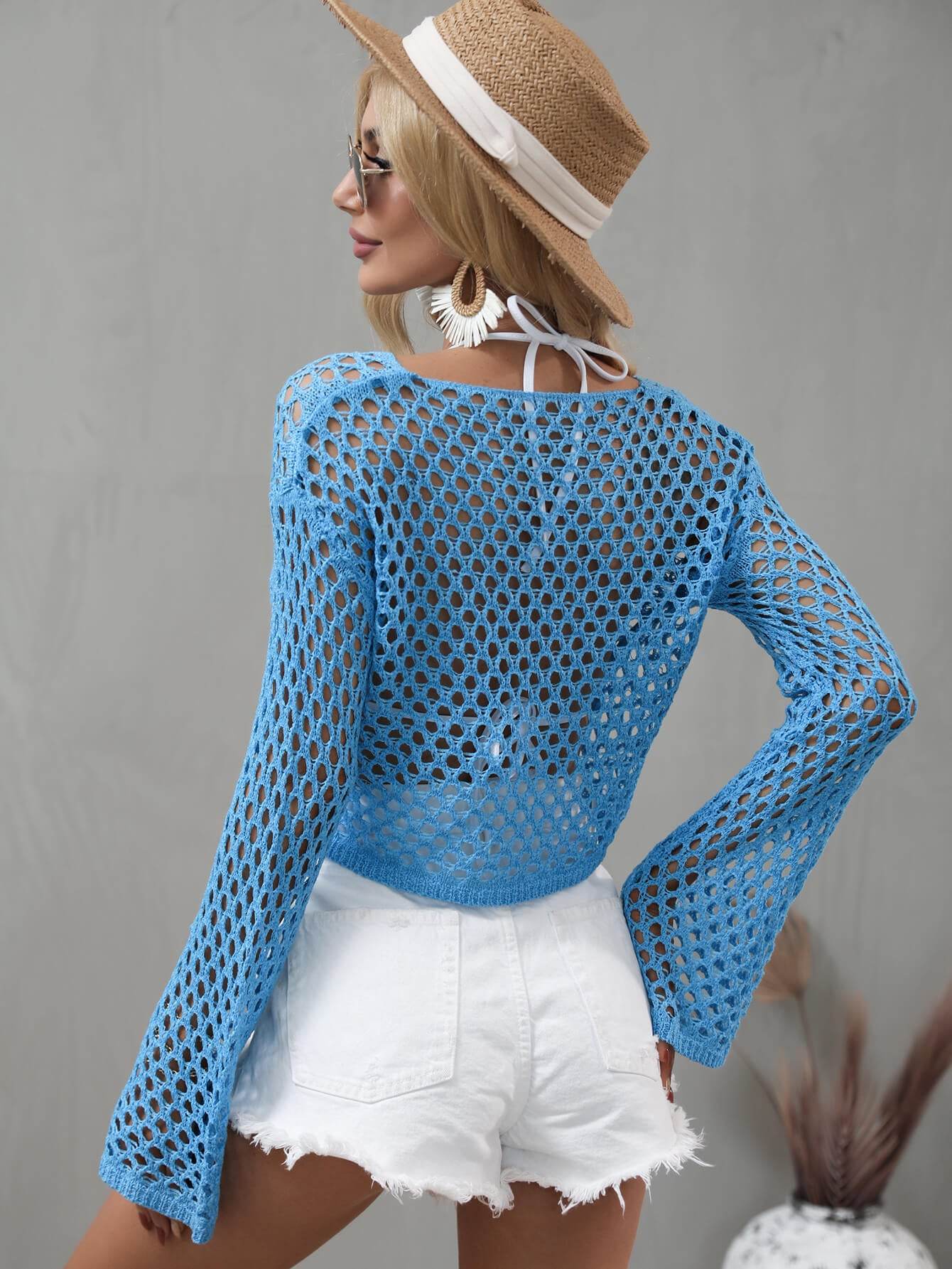 Openwork Flare Sleeve Cropped Cover Up - Selvanelle