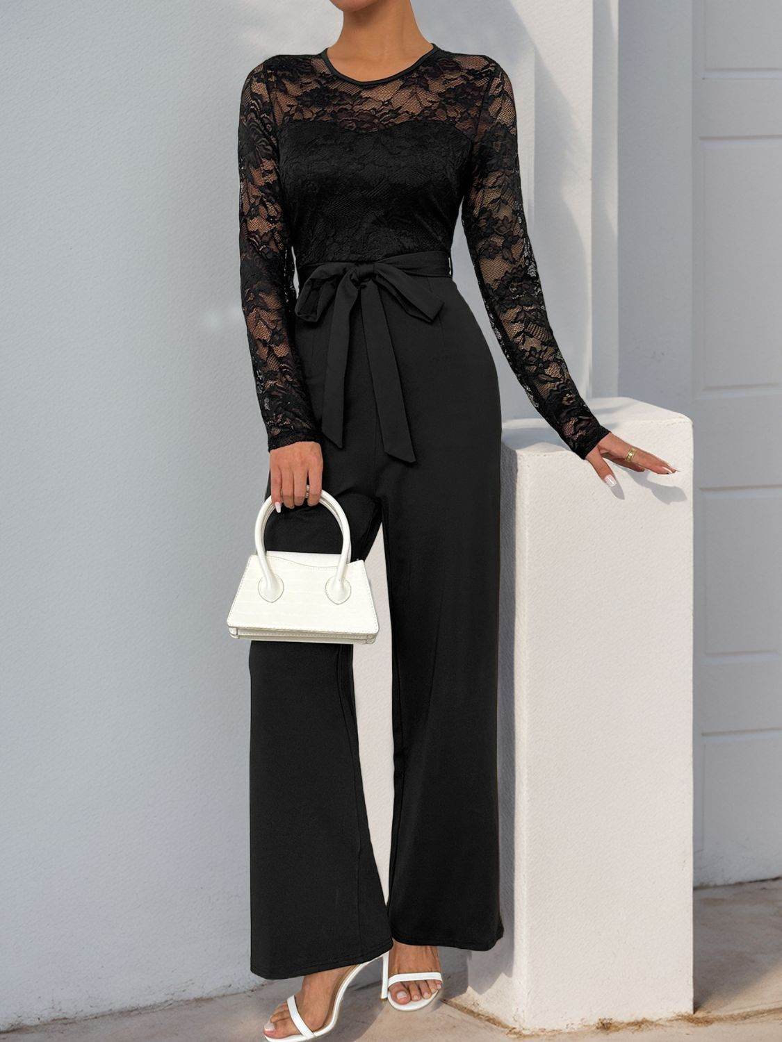 Perfee Lace Round Neck Long Sleeve Jumpsuit - Selvanelle