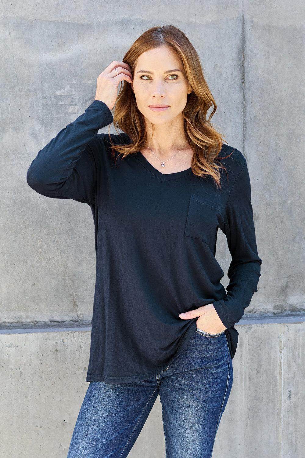 Basic Bae Full Size V-Neck Long Sleeve Top for Women - Selvanelle