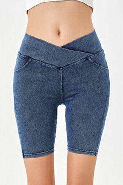 Basic Bae Asymmetrical Waist Denim Shorts With Pockets - Selvanelle