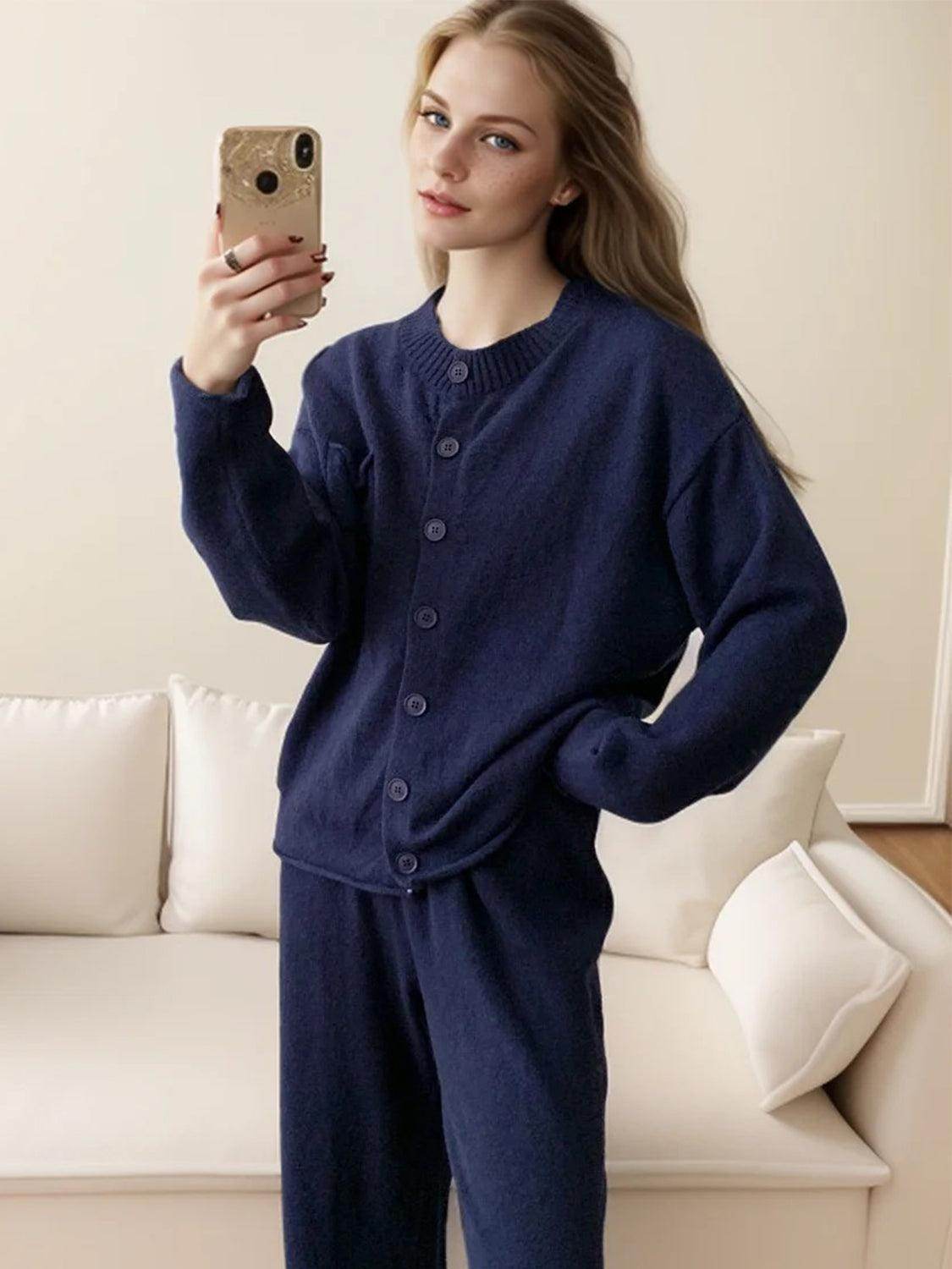 Pocketed Round Neck Button Up Cardigan and Pants Sweater Set - Selvanelle