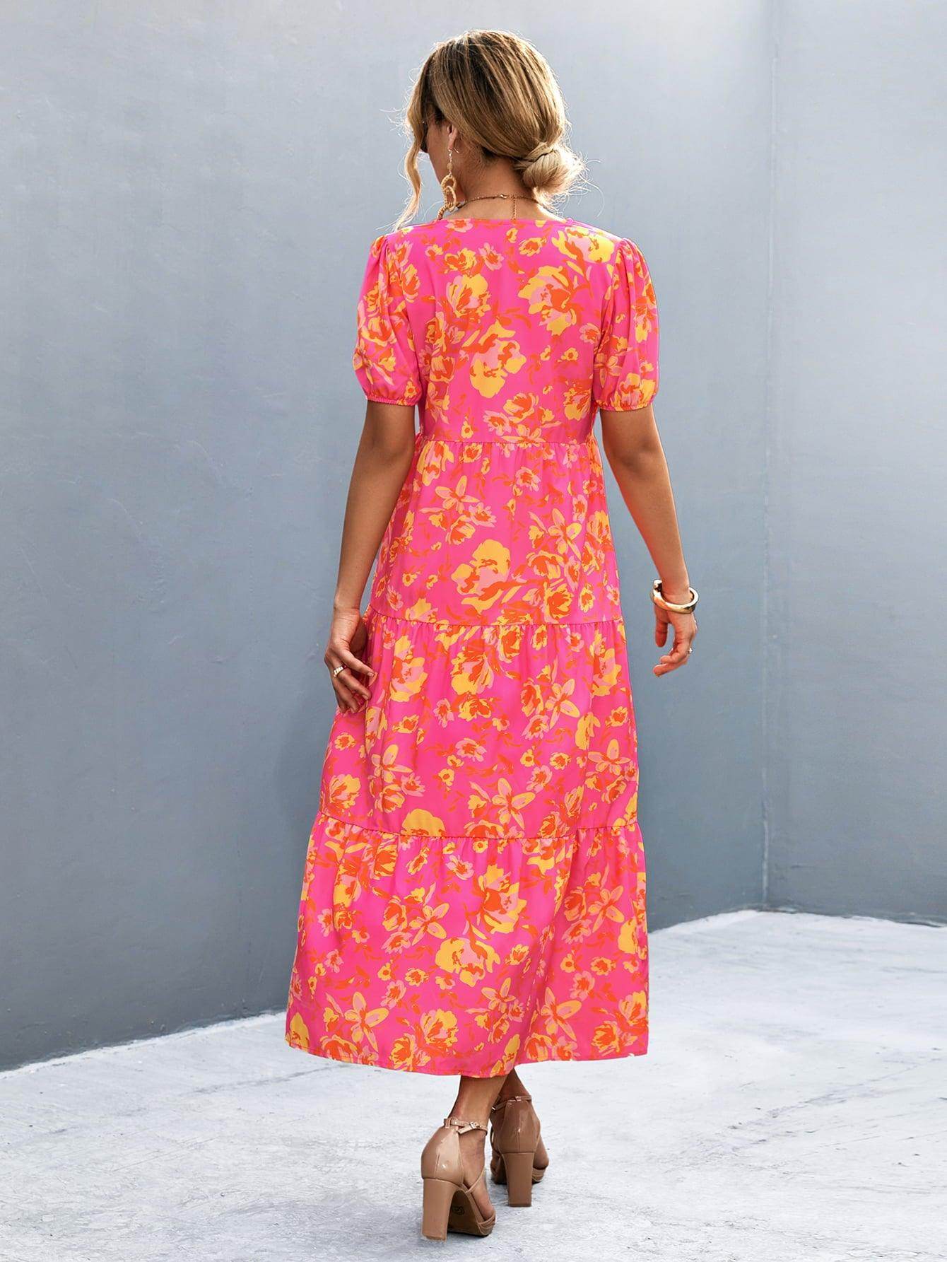 V-Neck Short Sleeve High Slit Midi Dress for Chic Style - Selvanelle