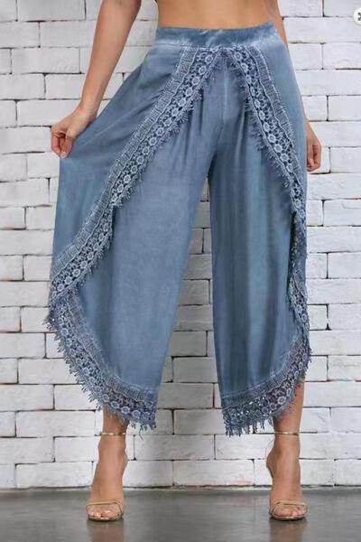 Full Size Lace Detail Wide Leg Pants Plus Size Fashion - Selvanelle
